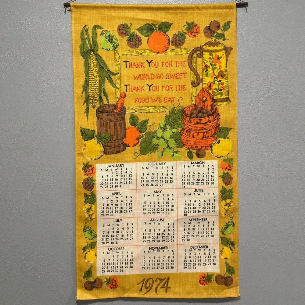 Vintage 1974 Linen Calendar Wall Hanging Harvest Fruit Kitchen Decor 16x28.5